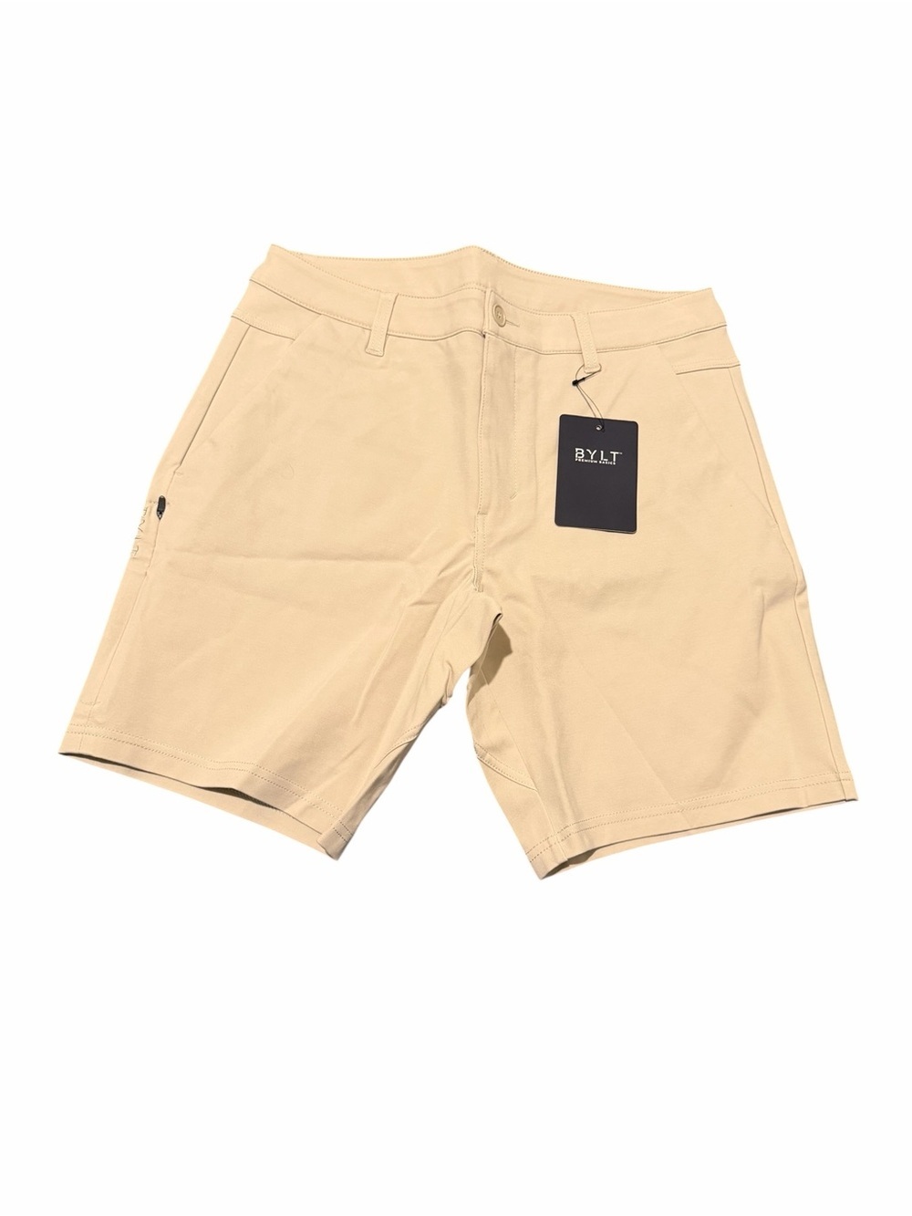 BYLT Basics Khaki Flat-Front Stretch men Shorts, NWT, SZ34